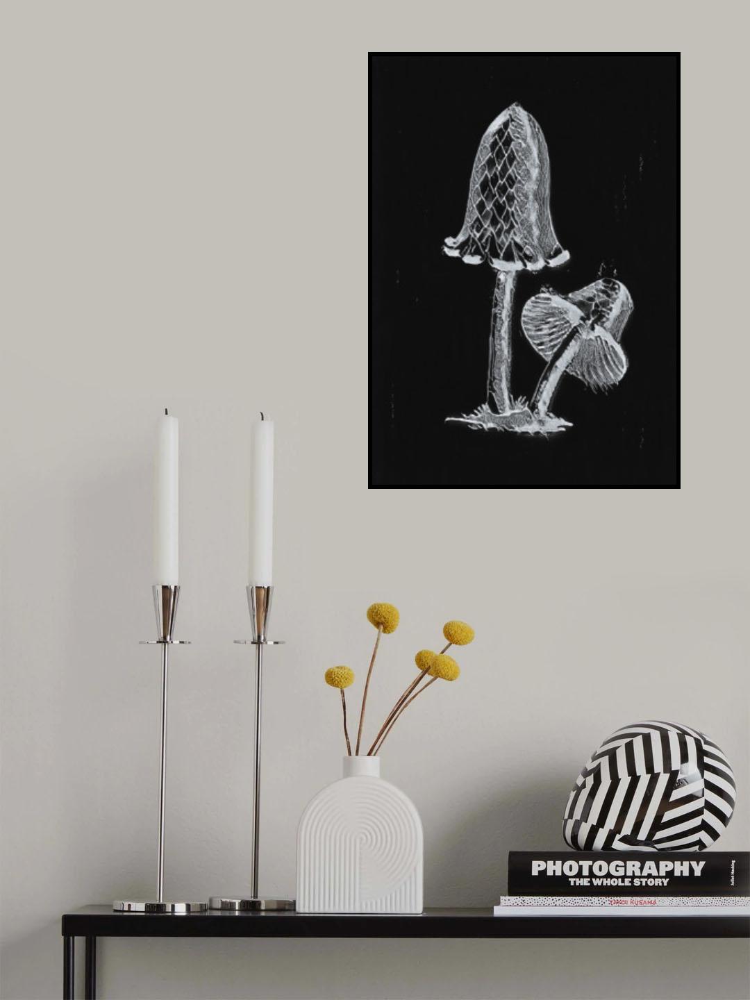 Vintage Inky Cap Edible Mushroom Dark BW Poster och Canvastavla