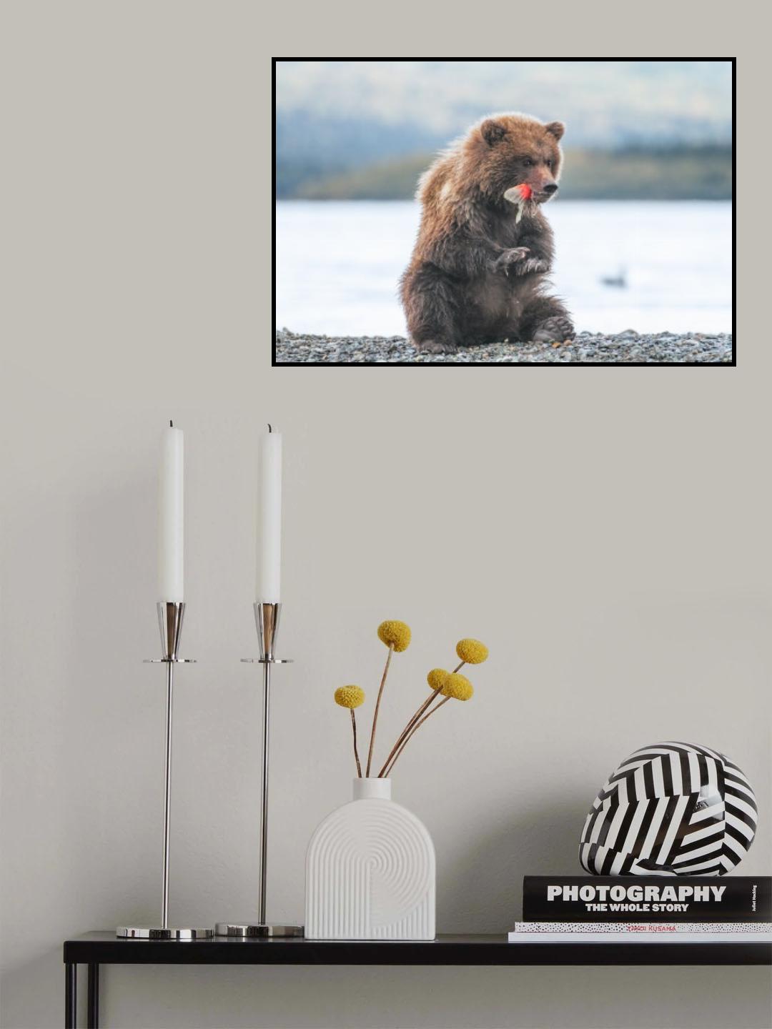 A bear cub and its yummy sockeye salmon tail Poster och Canvastavla