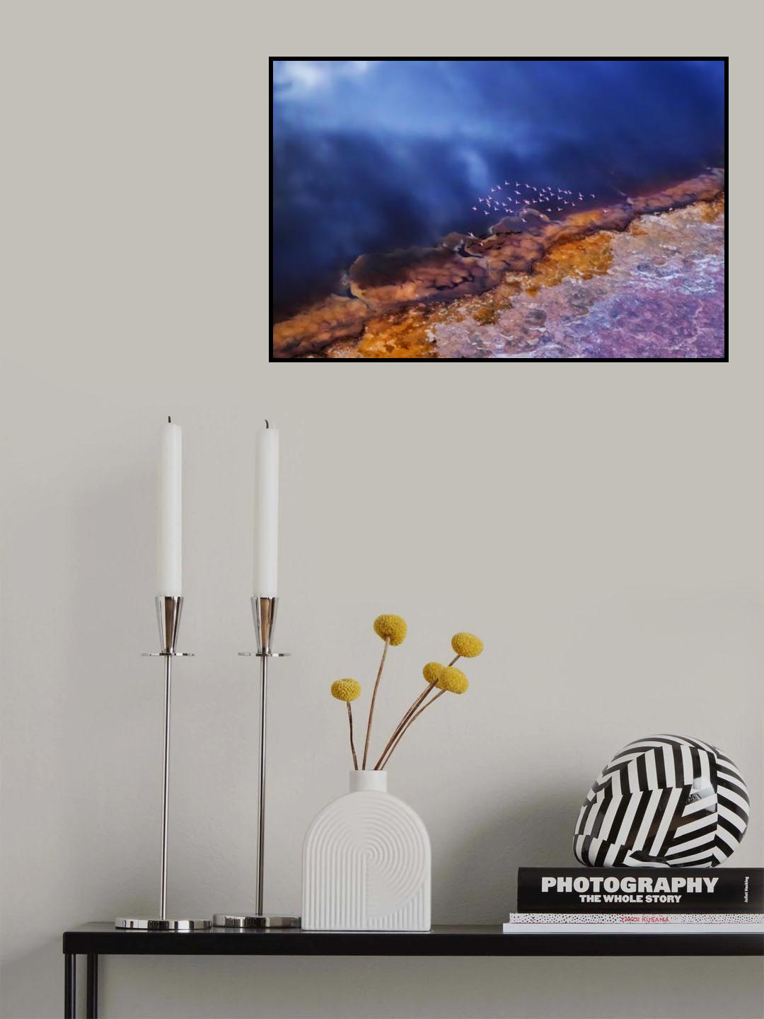 Flamingo fly over the lake Poster och Canvastavla