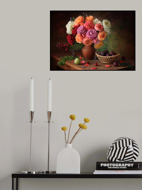 Still life with a bouquet of roses and plums Poster och Canvastavla
