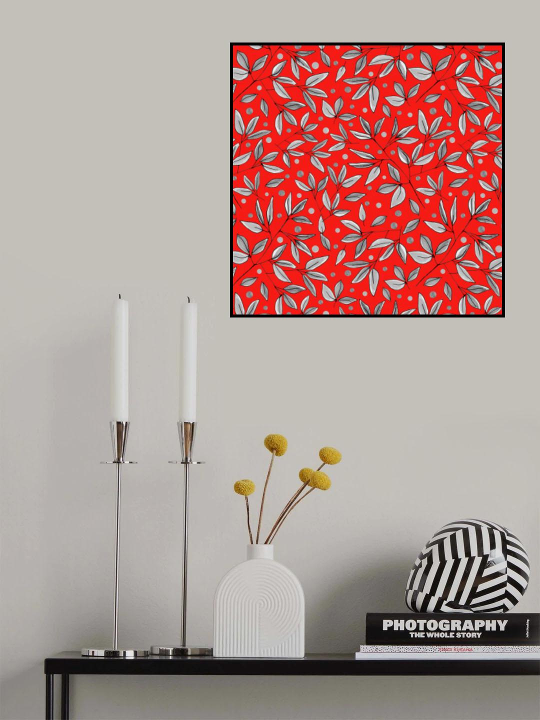 Floral Branches Gray On Red Poster och Canvastavla