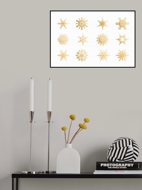 Twelve geometric snowflakes in gold Poster och Canvastavla