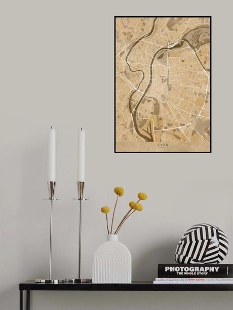 Sepia vintage map of Lyon France Poster och Canvastavla