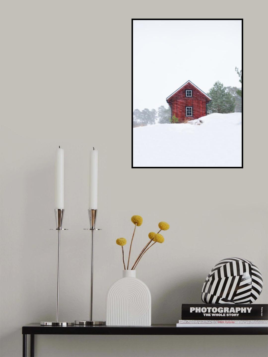 Old red house during snowstorm Poster och Canvastavla
