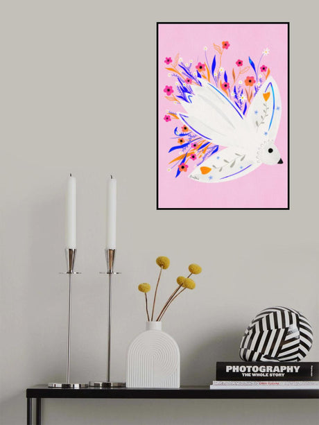 Bird in Flowers Pink illustration Poster och Canvastavla
