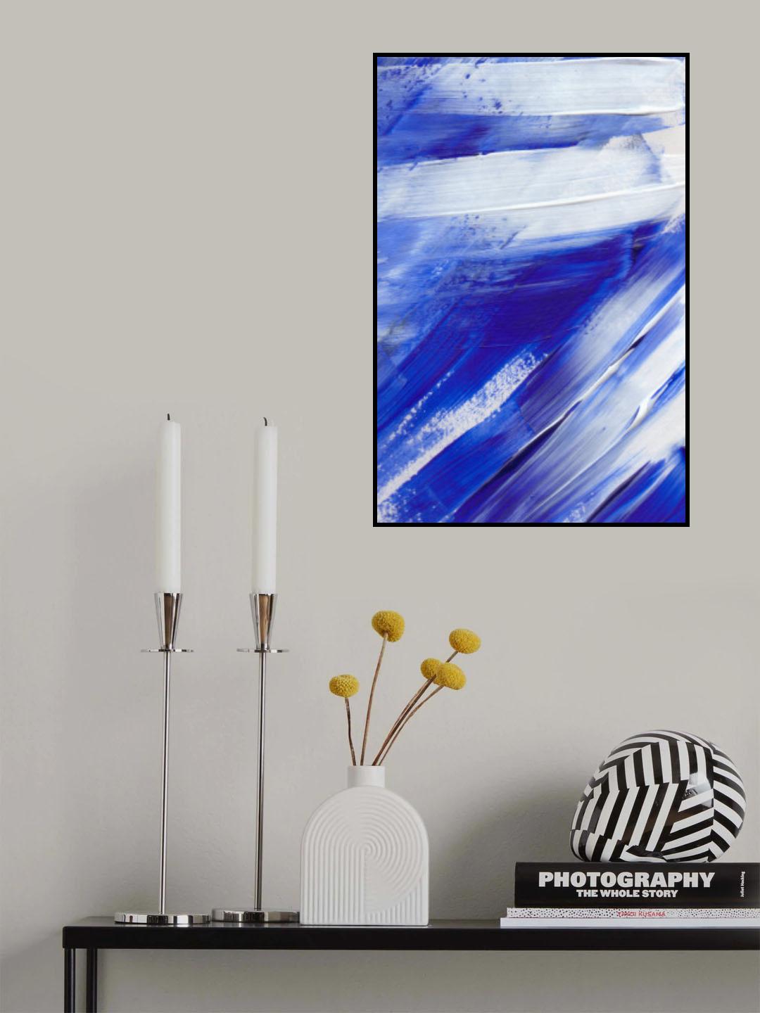 White on Blue Brush Strokes Poster och Canvastavla