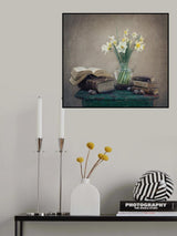 Still life with daffodils, old books and snails Poster och Canvastavla