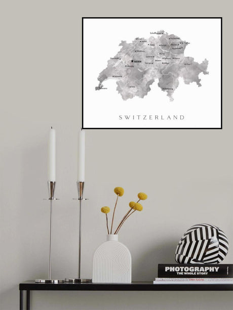 Gray watercolor map of Switzerland Poster och Canvastavla