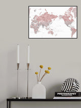 Pacific centered world map in dusty pink Poster och Canvastavla