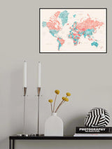 Watercolor world map with cities, Charlotte Poster och Canvastavla