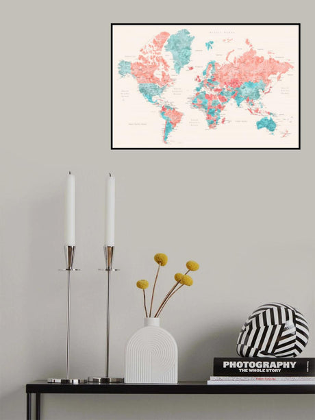 Watercolor world map with cities, Charlotte Poster och Canvastavla