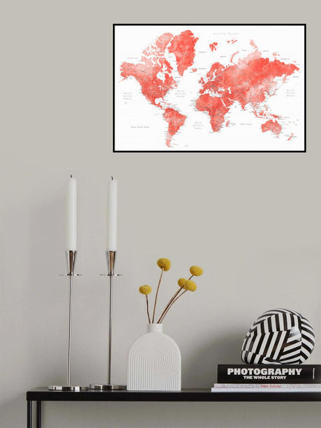 Watercolor world map with cities, Coralinah Poster och Canvastavla
