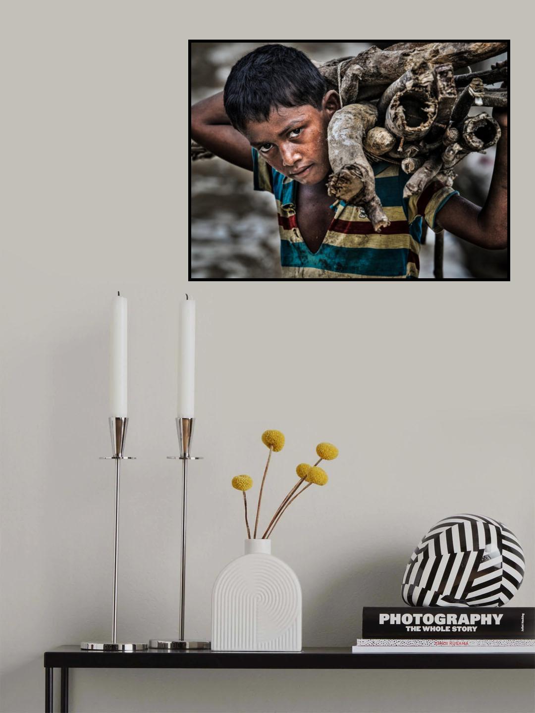Rohingya refugee boy carrying some firewood. Poster och Canvastavla