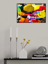 old building and decorative umbrellas Poster och Canvastavla