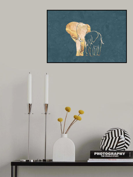Elephant mum baby gold Poster och Canvastavla