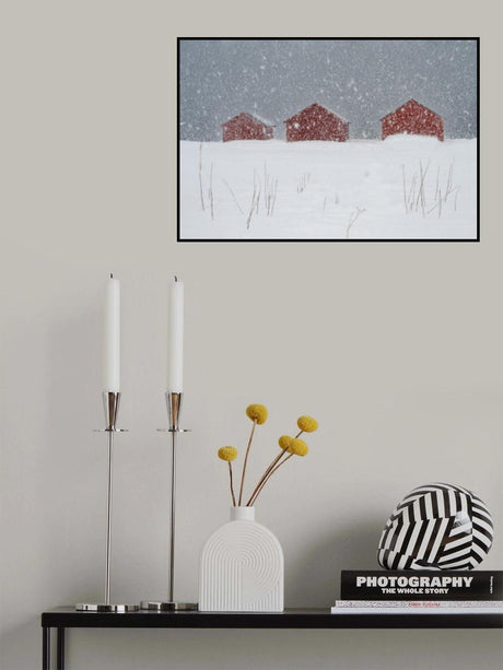 Red boat houses in the snow Poster och Canvastavla