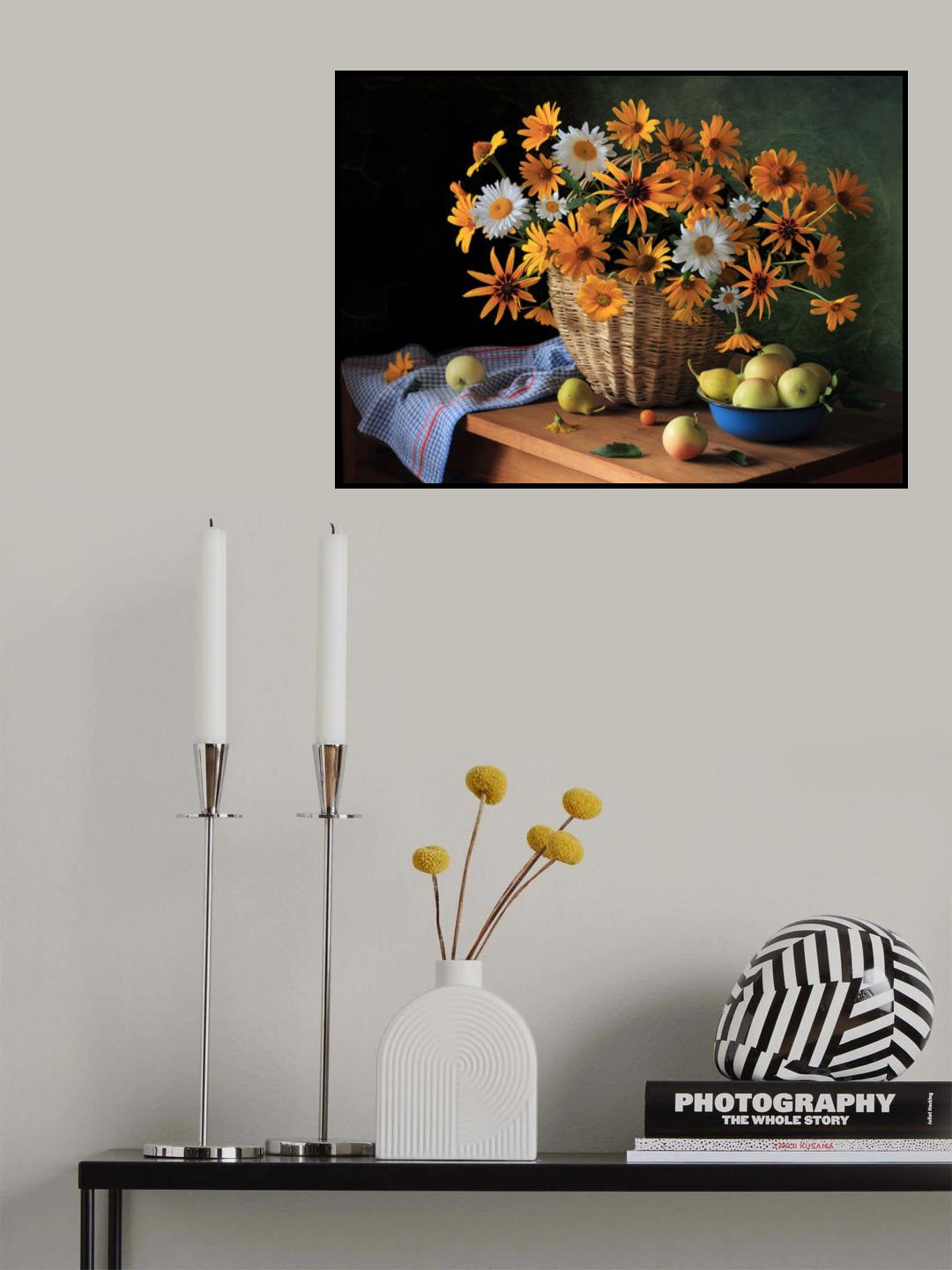 Still life with a basket of summer flowers and apples Poster och Canvastavla