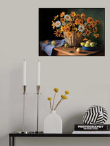Still life with a basket of summer flowers and apples Poster och Canvastavla