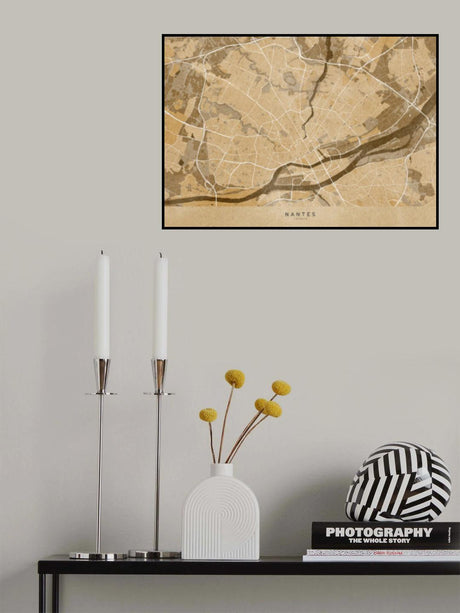 Sepia vintage map of Nantes France Poster och Canvastavla