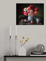 Still life with a bouquet of roses and fruits Poster och Canvastavla