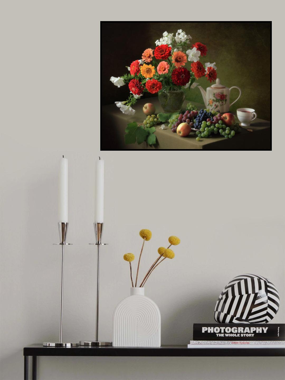 Still life with a bouquet of zinnias and fruit Poster och Canvastavla