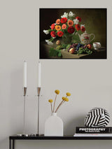 Still life with a bouquet of zinnias and fruit Poster och Canvastavla