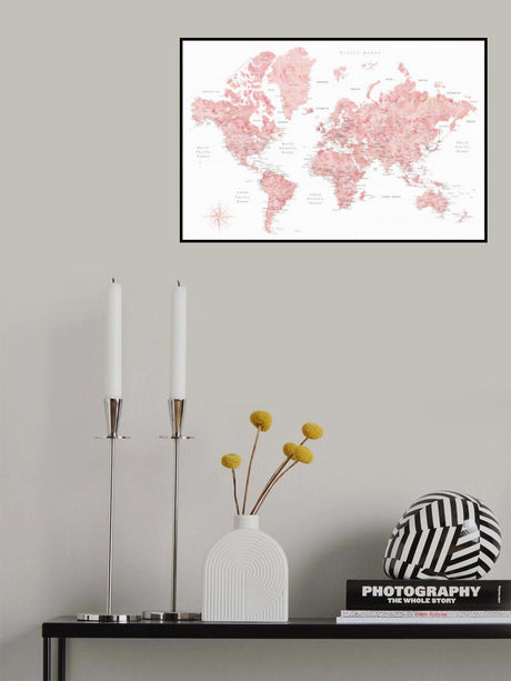 Pink watercolor world map with cities, Alheli Poster och Canvastavla