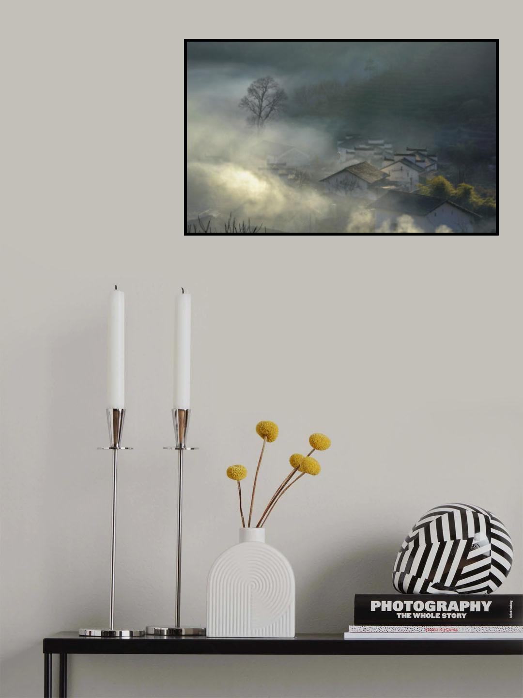 The Village with Curling up Smoke in Morning Mist Poster och Canvastavla
