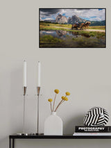 Horses and an old cottage. Poster och Canvastavla