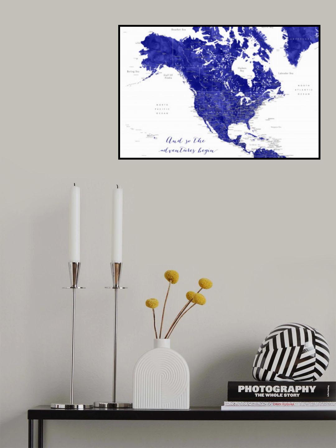 Adventure map of North America in cobalt blue Poster och Canvastavla