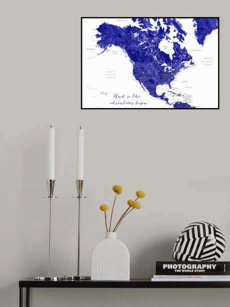 Adventure map of North America in cobalt blue Poster och Canvastavla