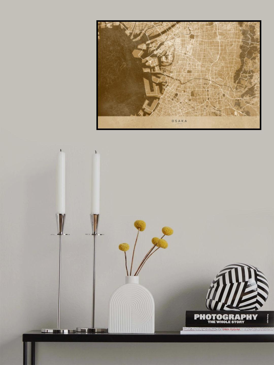 Sepia map of Osaka Poster och Canvastavla