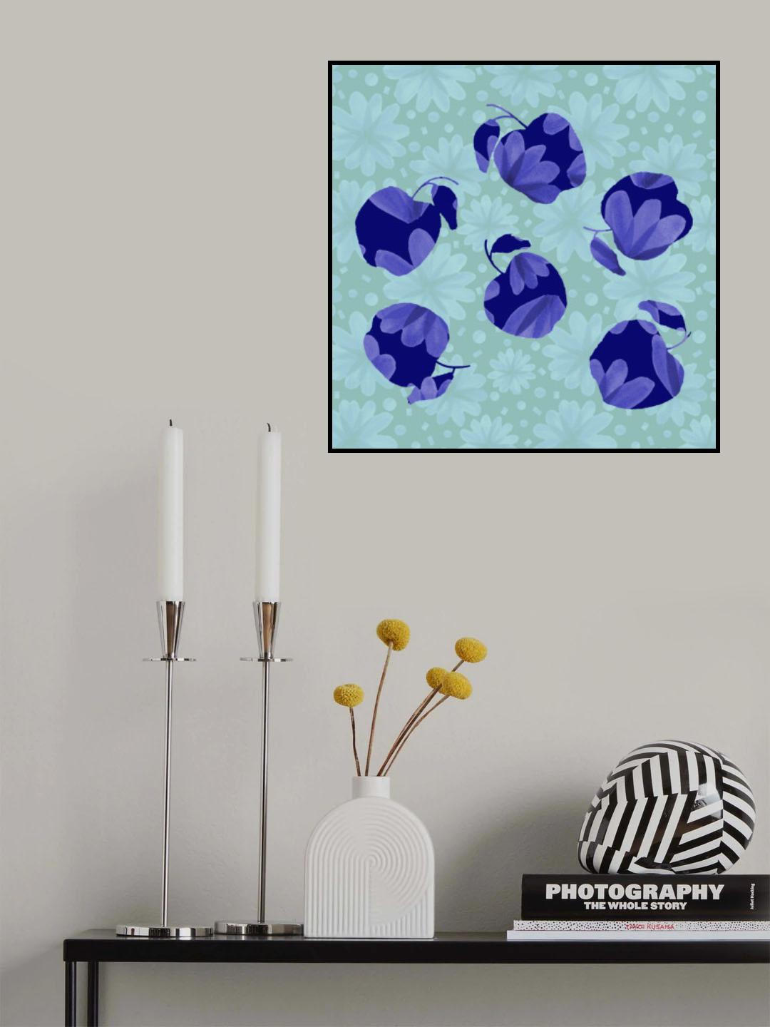 Navy Blue Floral Apples On Mint Pattern Copy Poster och Canvastavla
