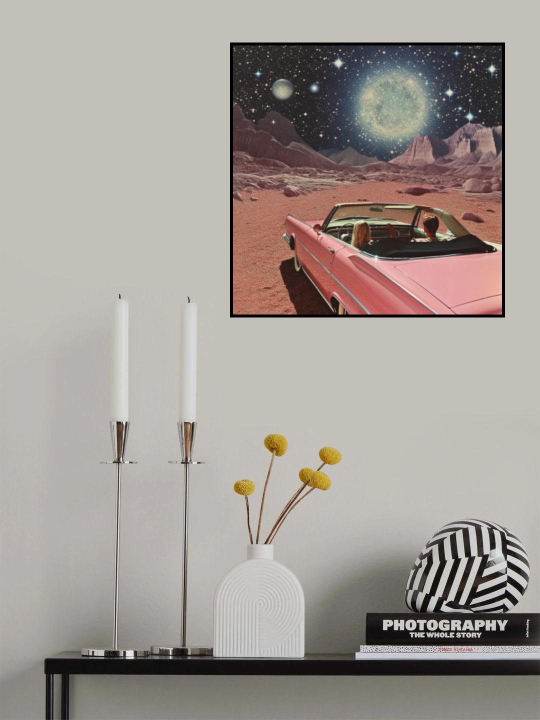 Pink Vintage Car In Space Collage Art 2 Poster och Canvastavla