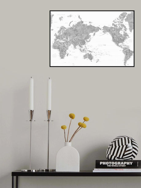 Pacific centered world map in gray watercolor Poster och Canvastavla