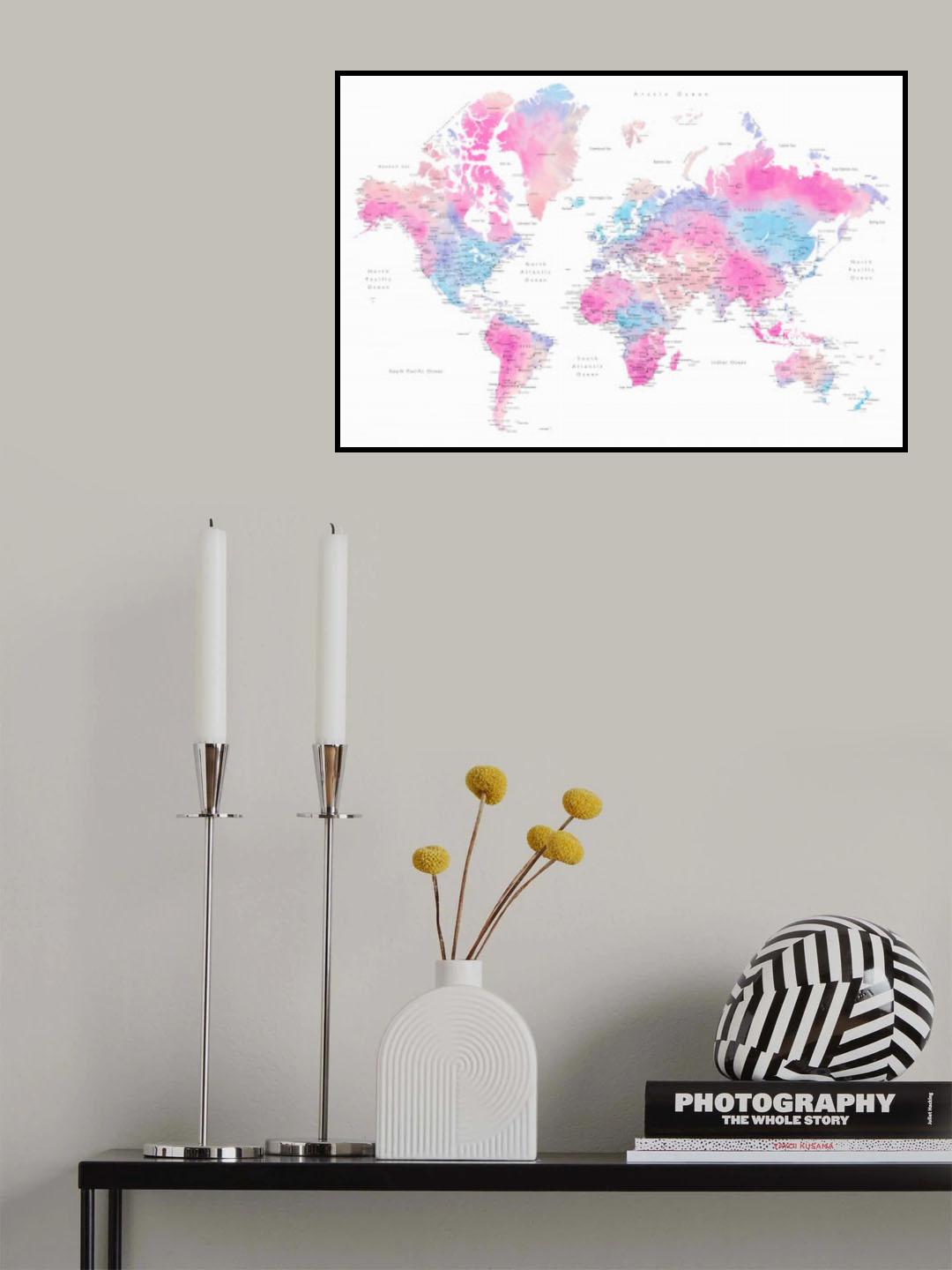 Watercolor world map with cities, Keahi Poster och Canvastavla