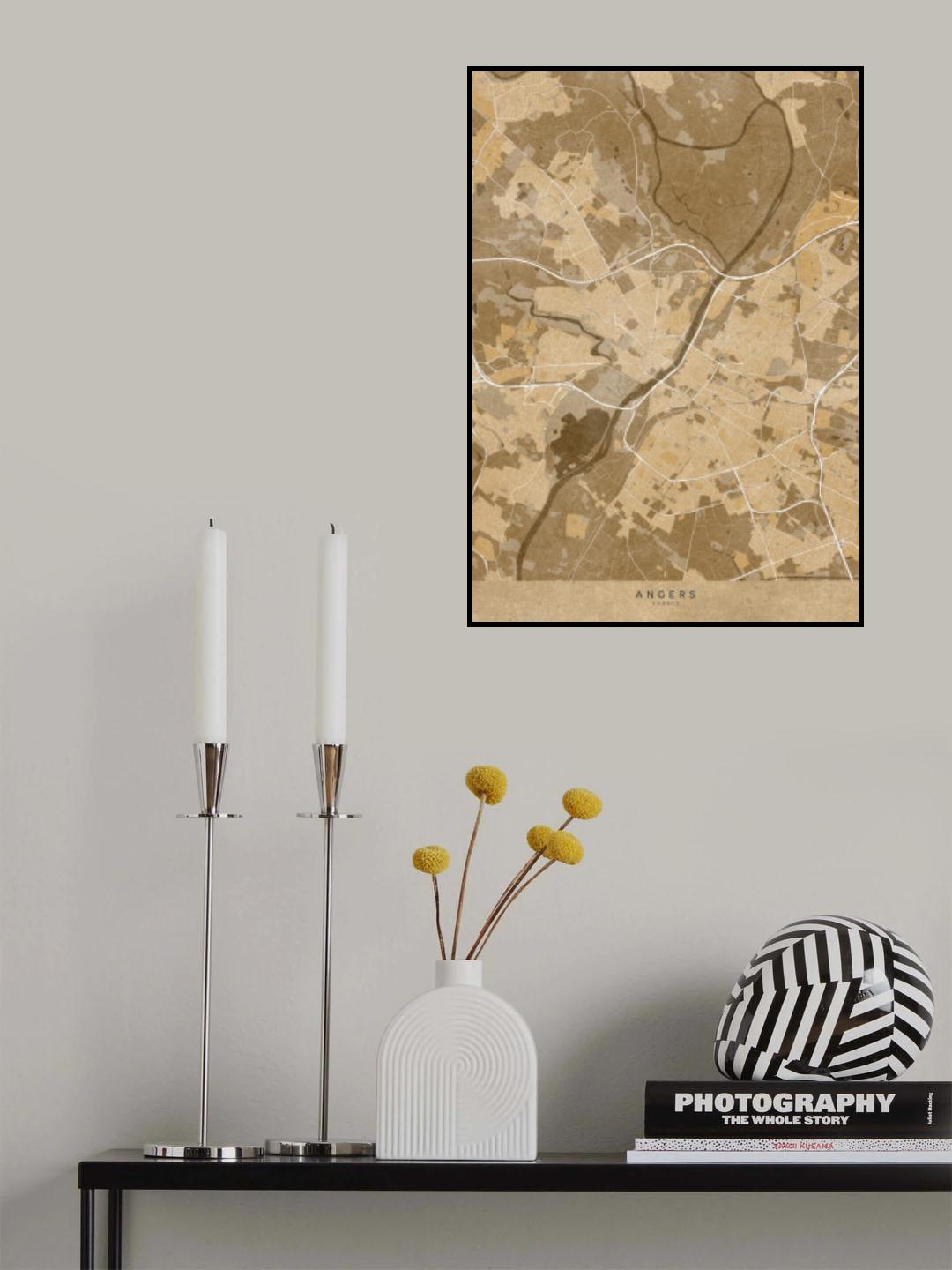 Sepia vintage map of Angers France Poster och Canvastavla