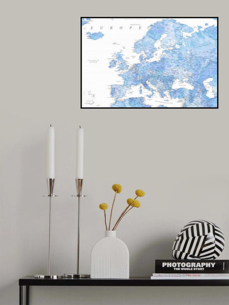 Light blue watercolor detailed map of Europe Poster och Canvastavla