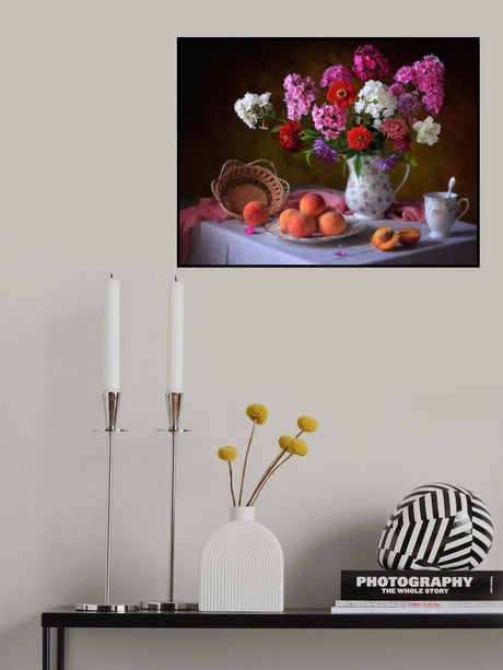 Still life with summer bouquet and peaches Poster och Canvastavla