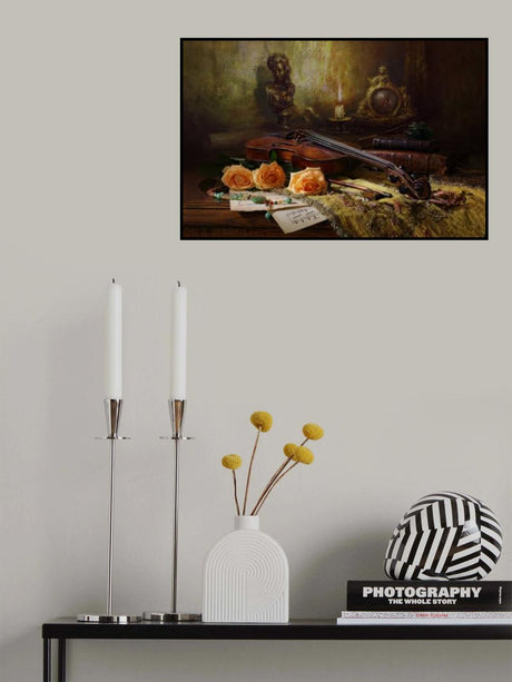 Still life with violin and roses Poster och Canvastavla