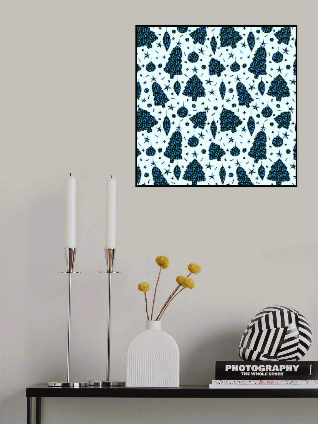 Blue Green Leaves On Blue Christmas Trees and Bulbs Poster och Canvastavla