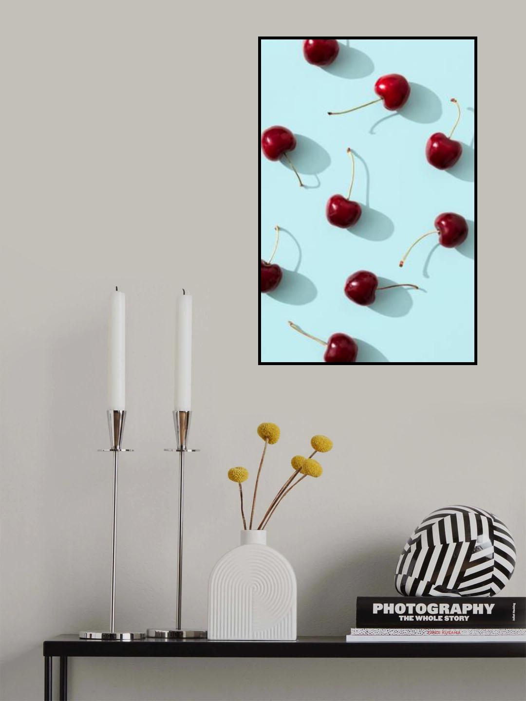 Cherries on turquoise background Poster och Canvastavla