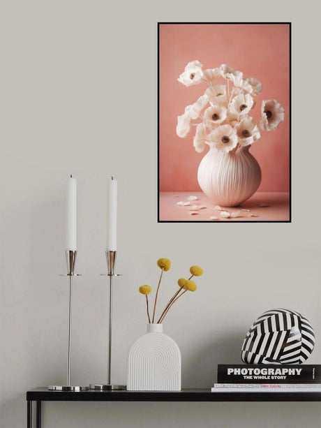 White Poppy On Coral Background Poster och Canvastavla
