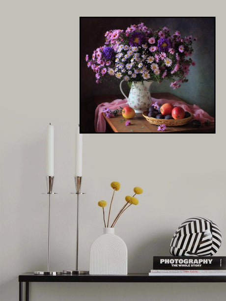 Still life with a bouquet of chrysanthemums and fruits Poster och Canvastavla