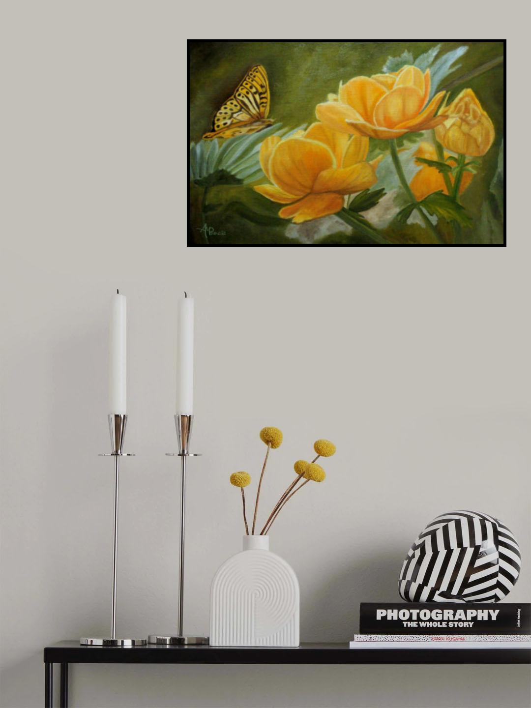 Butterfly Among Yellow Flowers Poster och Canvastavla