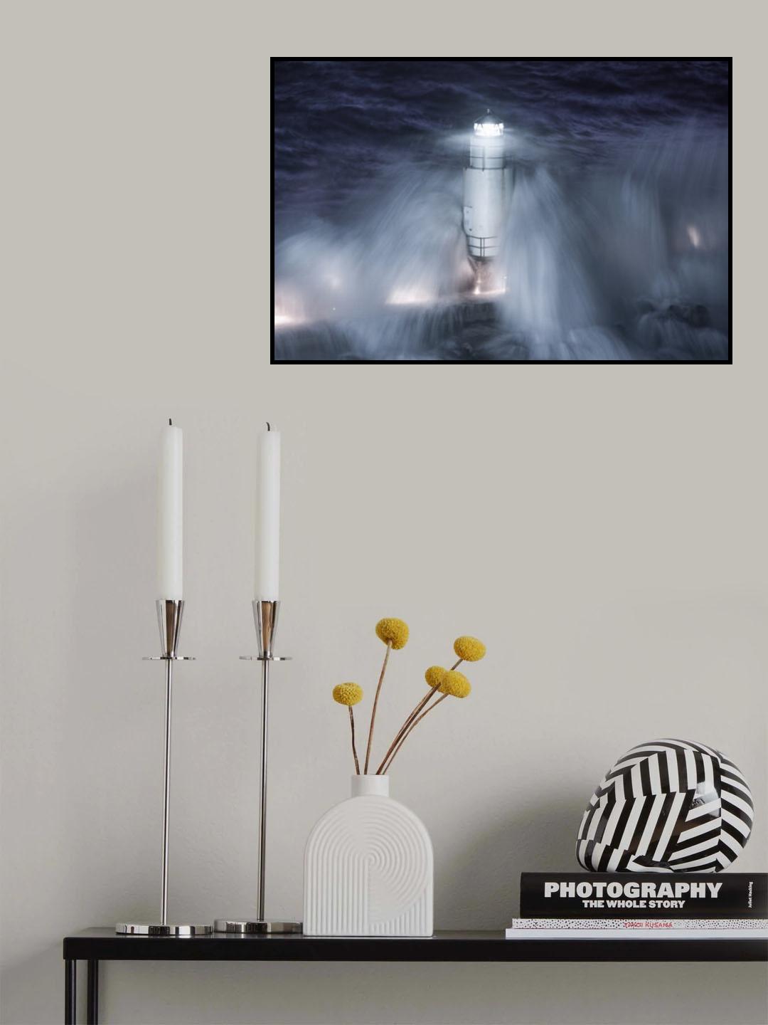 The lighthouse in the stormy night Poster och Canvastavla