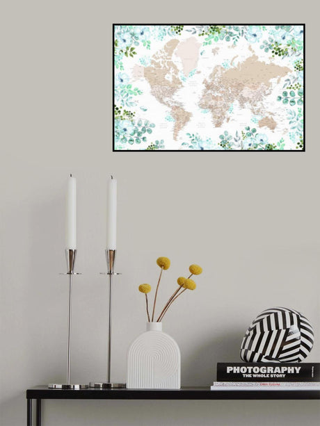 Detailed floral world map with cities, Leanne Poster och Canvastavla