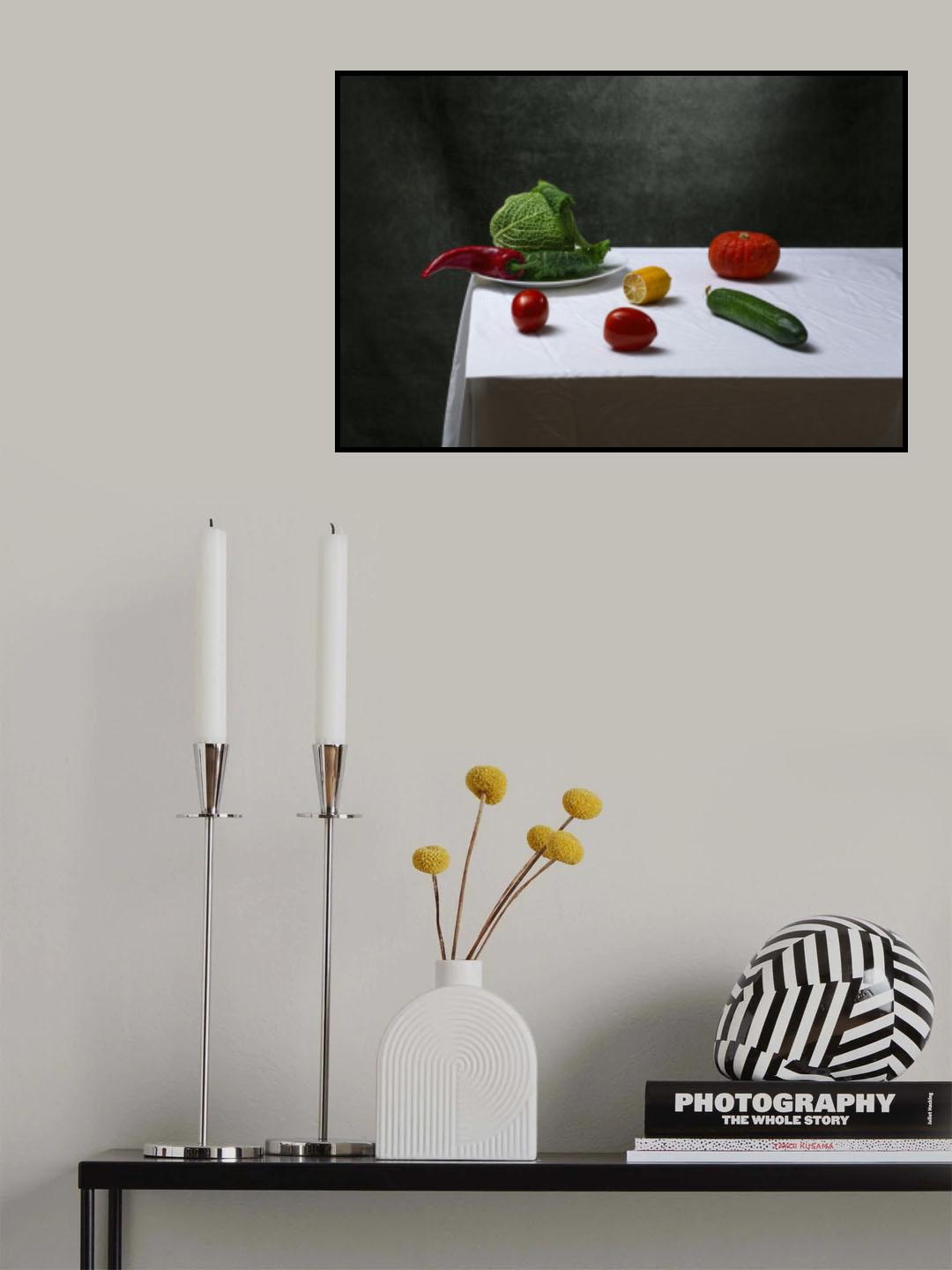 Still life with Savoy cabbage, tomatoes, cucumber, red pepper, lemon and pumpkin Poster och Canvastavla
