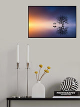 Flamingos in a lake with a tree Poster och Canvastavla