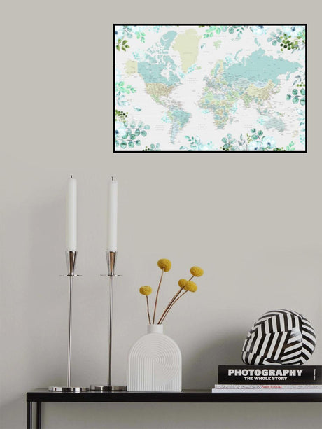 Detailed world map with cities and florals, Marie Poster och Canvastavla